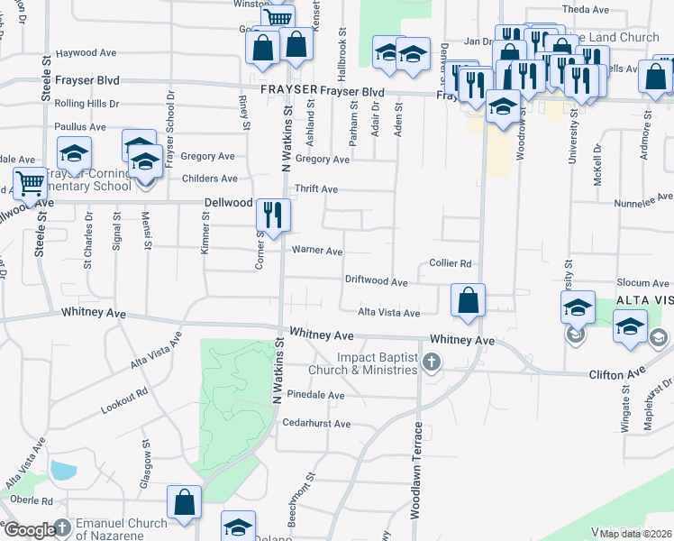 map of restaurants, bars, coffee shops, grocery stores, and more near 1871 Warner Avenue in Memphis