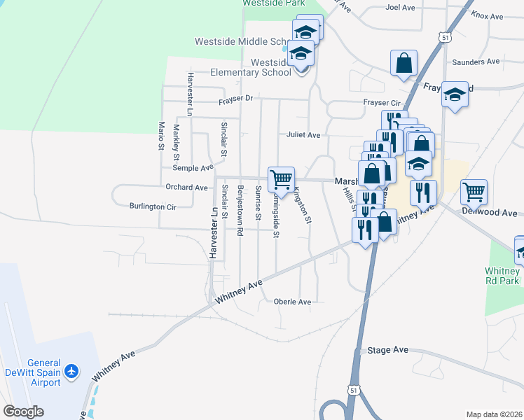 map of restaurants, bars, coffee shops, grocery stores, and more near 3134 Benjestown Road in Memphis
