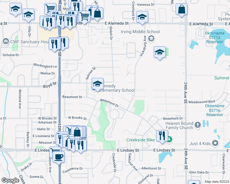 map of restaurants, bars, coffee shops, grocery stores, and more near 501 Sinclair Drive in Norman