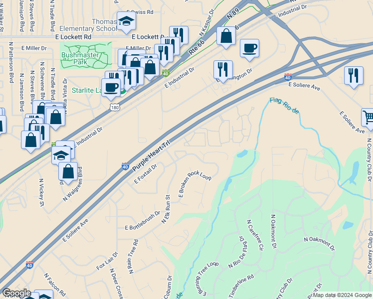 map of restaurants, bars, coffee shops, grocery stores, and more near 4190 East Village Circle in Flagstaff