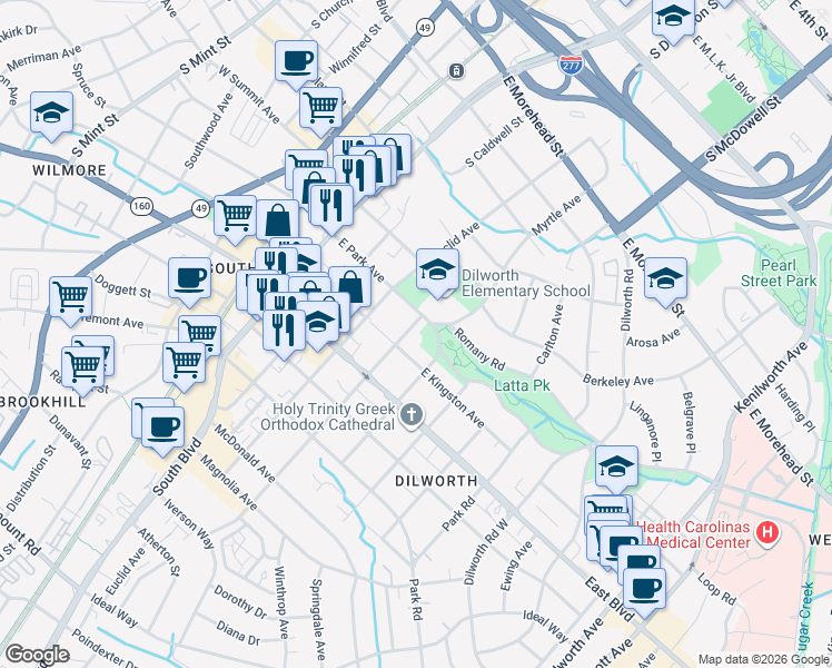map of restaurants, bars, coffee shops, grocery stores, and more near 1615 Lyndhurst Avenue in Charlotte