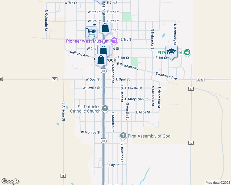 map of restaurants, bars, coffee shops, grocery stores, and more near East Laville Street in Shamrock