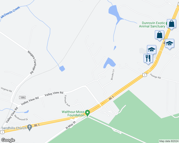 map of restaurants, bars, coffee shops, grocery stores, and more near 153 Lakeview Drive in Southern Pines
