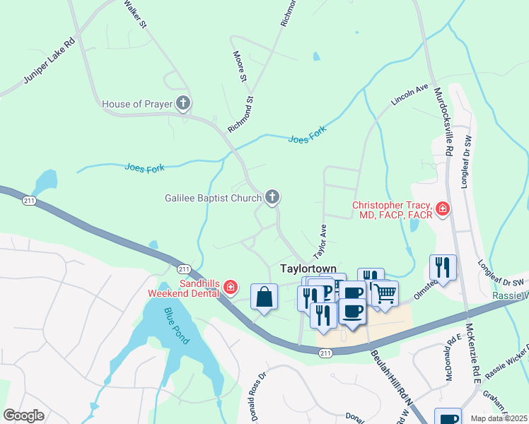 map of restaurants, bars, coffee shops, grocery stores, and more near Emory Smith Street in Taylortown