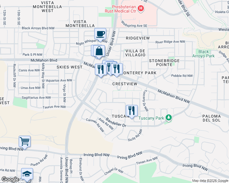 map of restaurants, bars, coffee shops, grocery stores, and more near 10824 Fineland Drive Northwest in Albuquerque