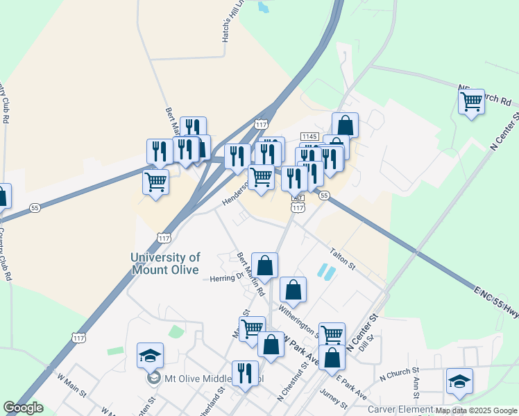 map of restaurants, bars, coffee shops, grocery stores, and more near 1017 North Breazeale Avenue in Mount Olive