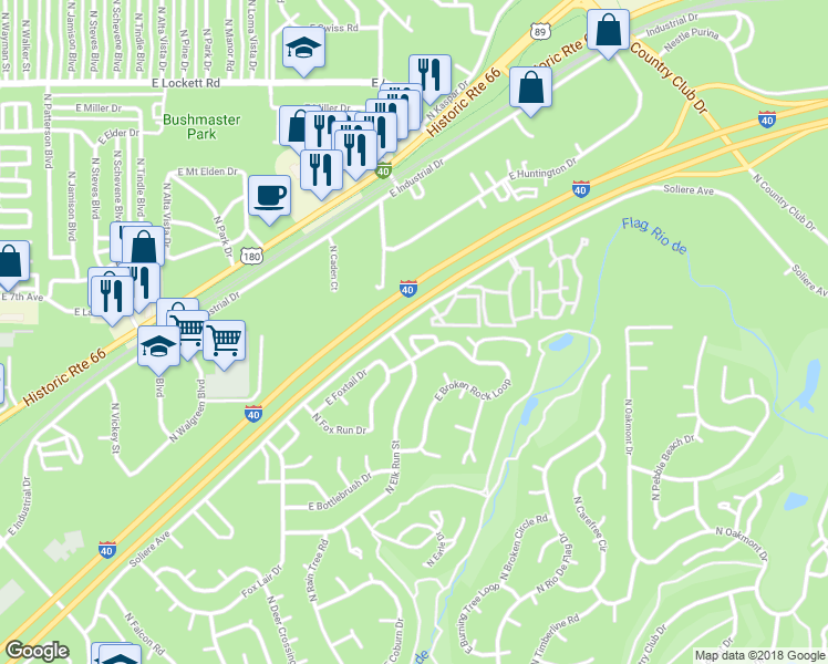 map of restaurants, bars, coffee shops, grocery stores, and more near 4110 East Village Circle in Flagstaff