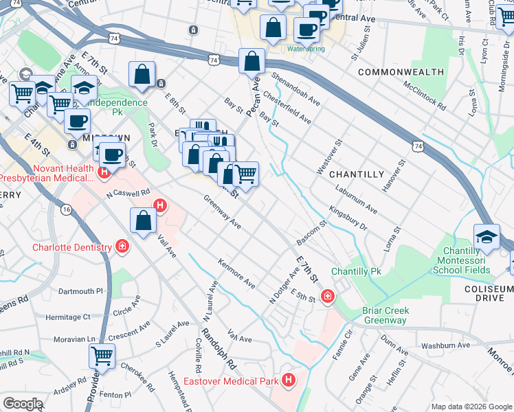 map of restaurants, bars, coffee shops, grocery stores, and more near in Charlotte