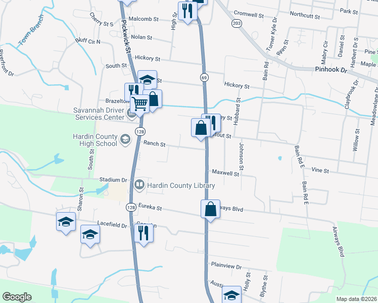 map of restaurants, bars, coffee shops, grocery stores, and more near 225 Ranch Street in Savannah