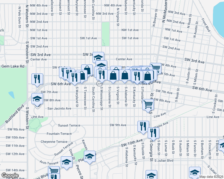 map of restaurants, bars, coffee shops, grocery stores, and more near 3205 Southwest 6th Avenue in Amarillo