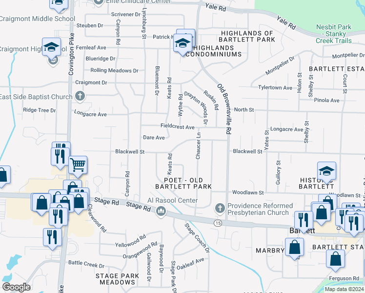map of restaurants, bars, coffee shops, grocery stores, and more near 5359 Blackwell Street in Bartlett