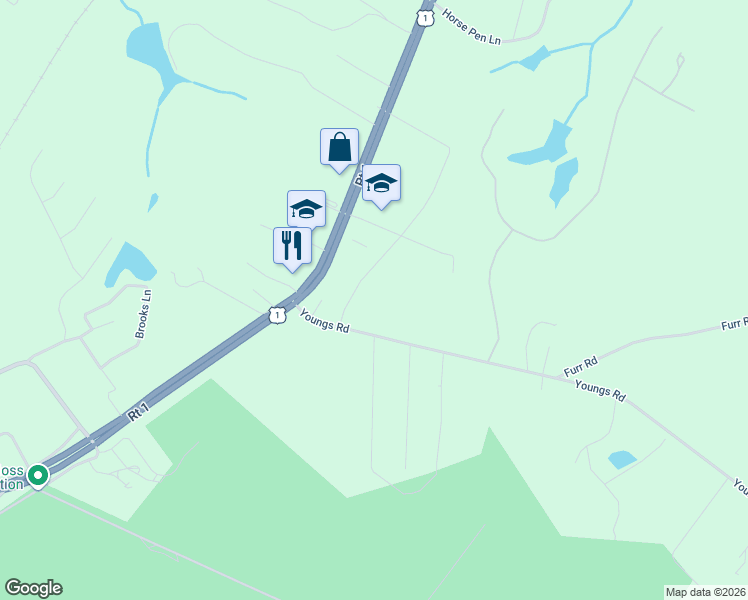 map of restaurants, bars, coffee shops, grocery stores, and more near 231 Youngs Road in Vass