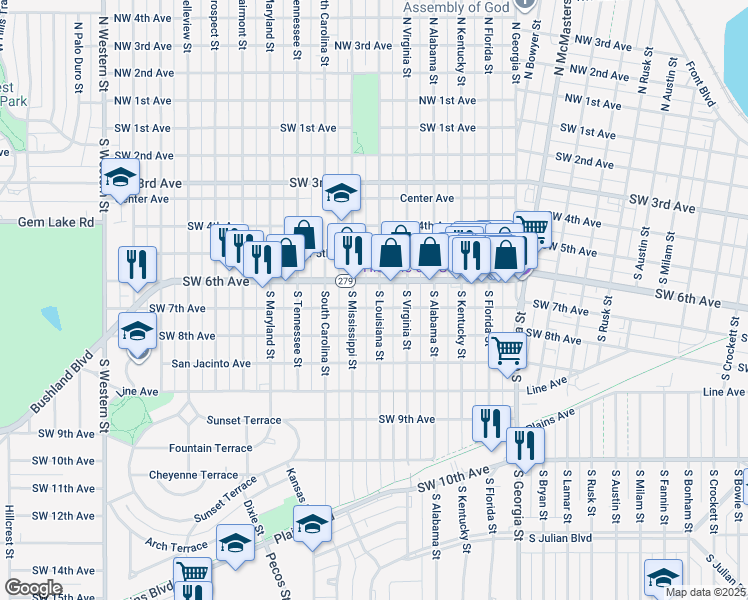 map of restaurants, bars, coffee shops, grocery stores, and more near 608 South Louisiana Street in Amarillo