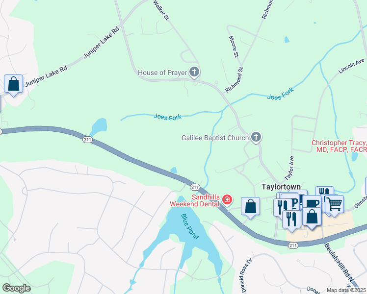 map of restaurants, bars, coffee shops, grocery stores, and more near North Carolina 211 in Pinehurst