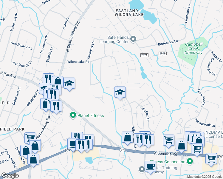 map of restaurants, bars, coffee shops, grocery stores, and more near 5738 Justins Forest Drive in Charlotte