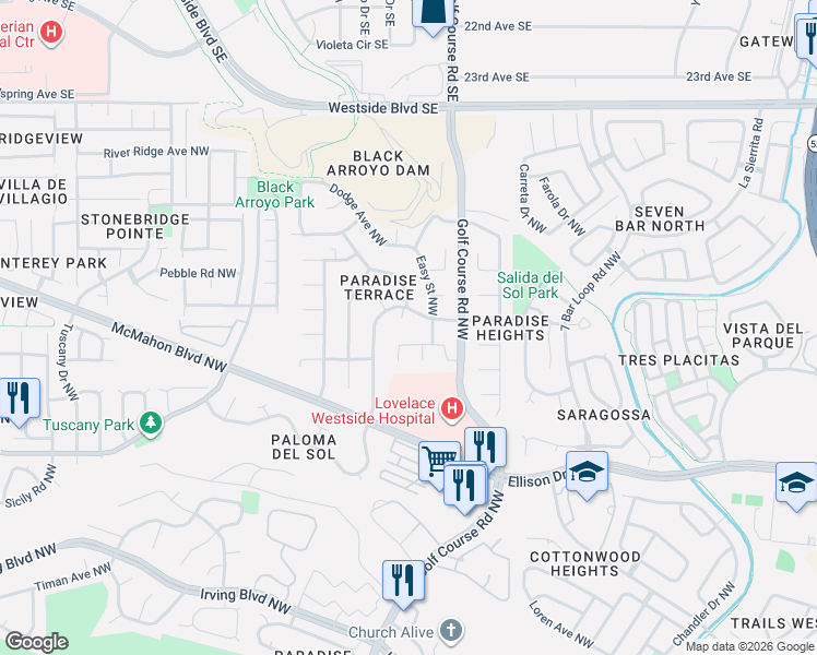 map of restaurants, bars, coffee shops, grocery stores, and more near 4800 Driftwood Avenue Northwest in Albuquerque