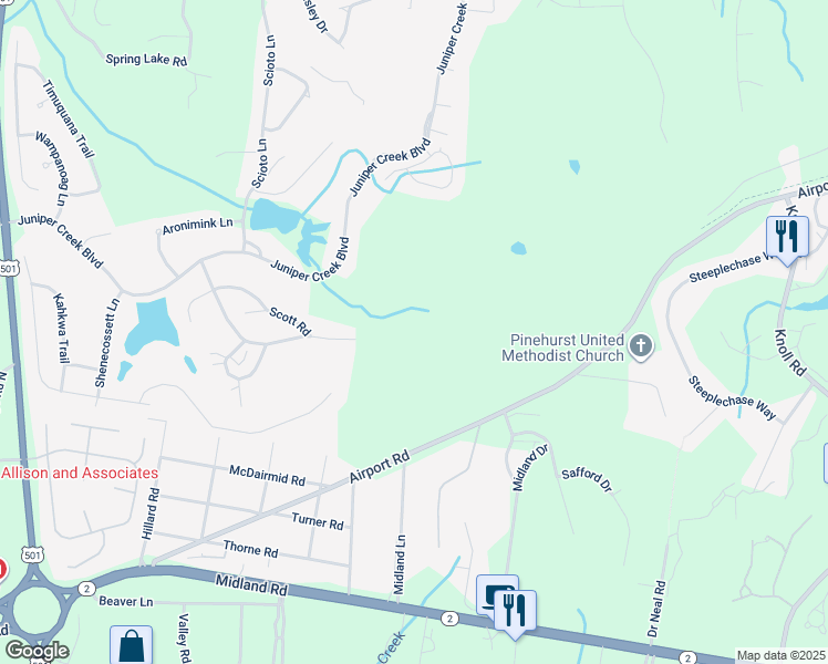 map of restaurants, bars, coffee shops, grocery stores, and more near Juniper Creek Boulevard in Pinehurst