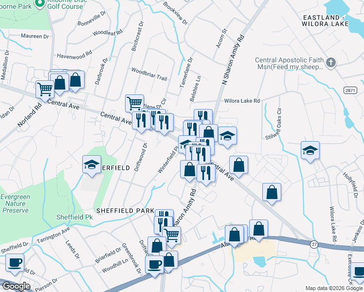 map of restaurants, bars, coffee shops, grocery stores, and more near 5023 Central Avenue in Charlotte