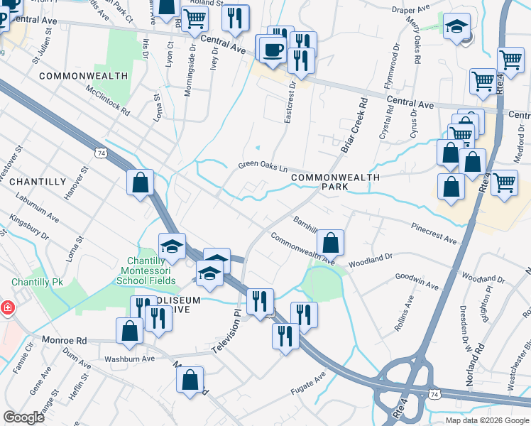 map of restaurants, bars, coffee shops, grocery stores, and more near in Charlotte