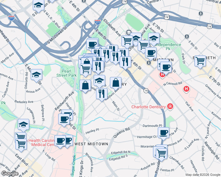 map of restaurants, bars, coffee shops, grocery stores, and more near in Charlotte