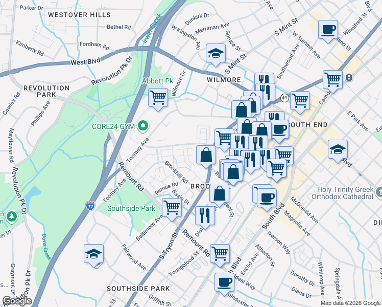 map of restaurants, bars, coffee shops, grocery stores, and more near in Charlotte