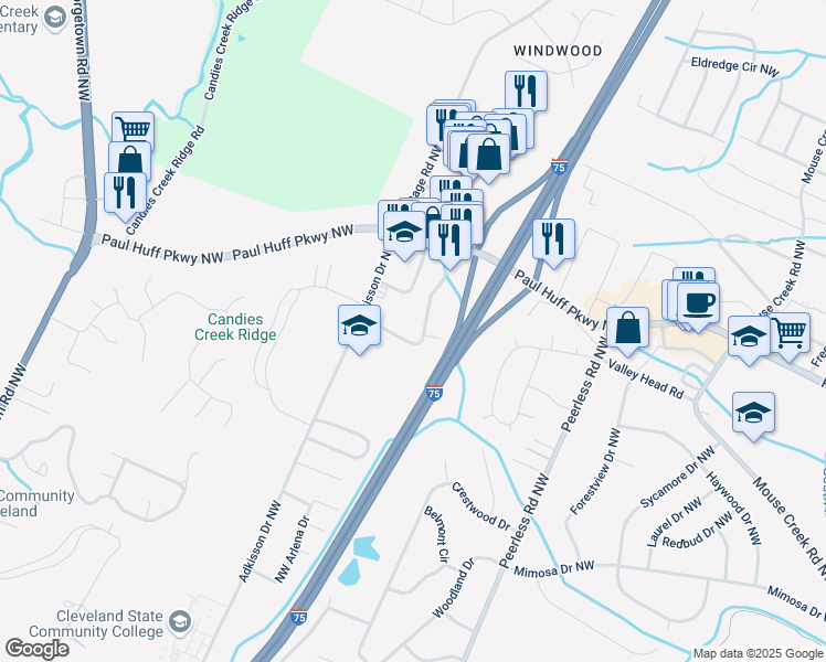 map of restaurants, bars, coffee shops, grocery stores, and more near 2600 Westside Drive Northwest in Cleveland