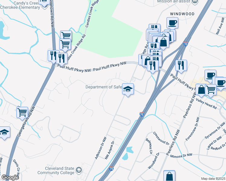 map of restaurants, bars, coffee shops, grocery stores, and more near 3925 Adkisson Drive in Cleveland