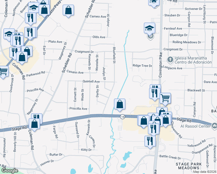 map of restaurants, bars, coffee shops, grocery stores, and more near 4825 Quintell Avenue in Memphis