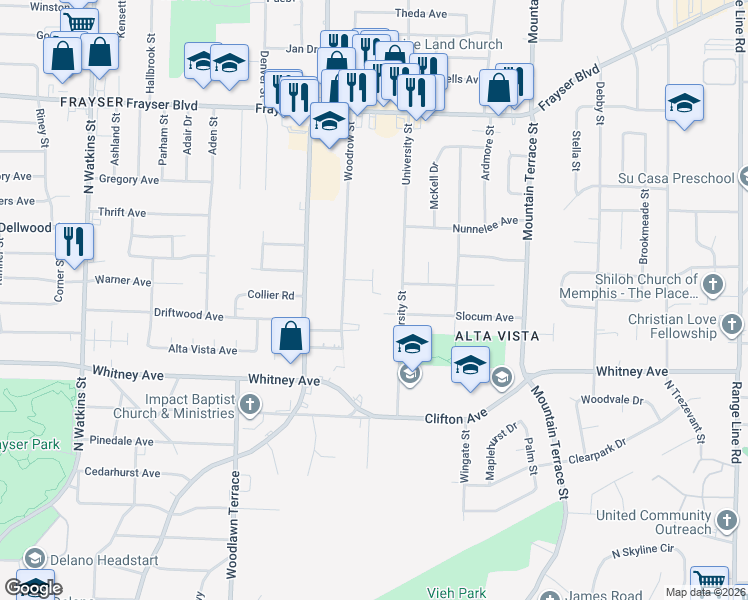 map of restaurants, bars, coffee shops, grocery stores, and more near 3134 Chandler Street in Memphis