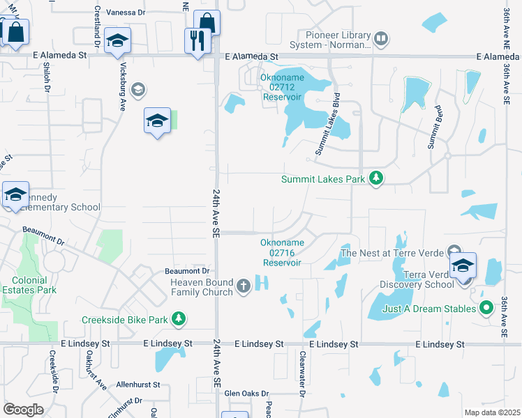 map of restaurants, bars, coffee shops, grocery stores, and more near 604 Welston Circle in Norman