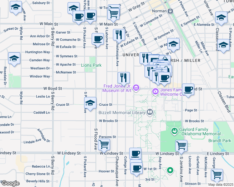 map of restaurants, bars, coffee shops, grocery stores, and more near 606 Chautauqua Avenue in Norman
