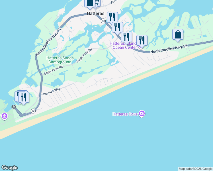 map of restaurants, bars, coffee shops, grocery stores, and more near 57311 Lighthouse Road in Hatteras