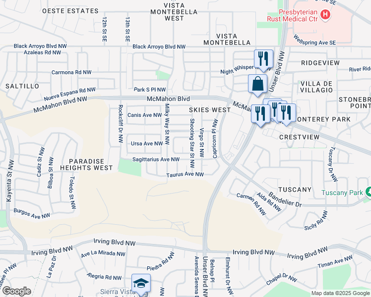 map of restaurants, bars, coffee shops, grocery stores, and more near 10619 Nebula Court Northwest in Albuquerque