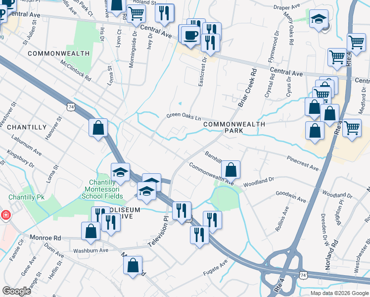 map of restaurants, bars, coffee shops, grocery stores, and more near in Charlotte