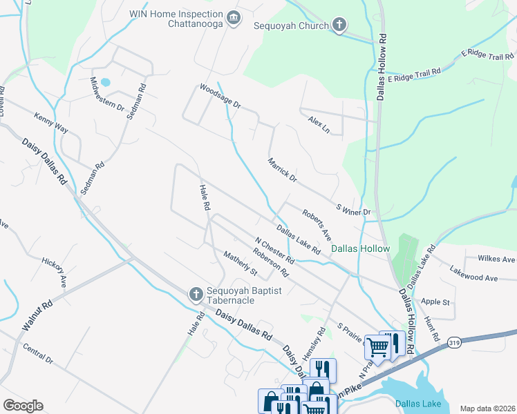 map of restaurants, bars, coffee shops, grocery stores, and more near 1541 Dallas Lake Road in Hamilton County