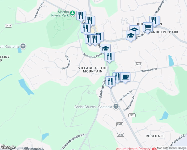 map of restaurants, bars, coffee shops, grocery stores, and more near 3101 Glacier Court in Gastonia