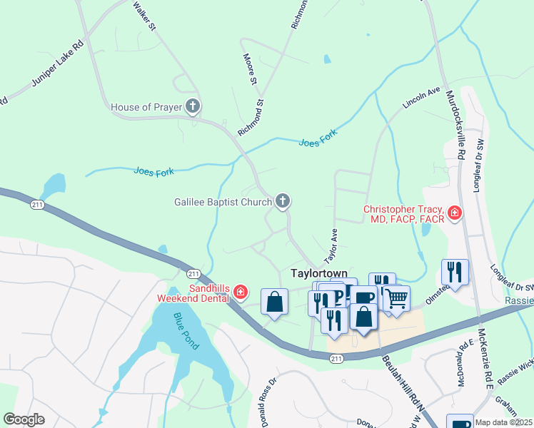 map of restaurants, bars, coffee shops, grocery stores, and more near Emory Smith Street in Taylortown