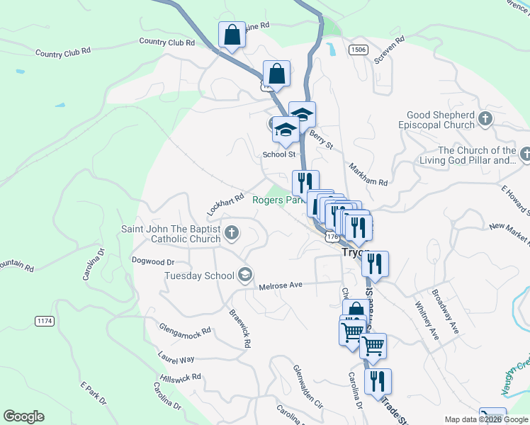 map of restaurants, bars, coffee shops, grocery stores, and more near 55 West Howard Street in Tryon