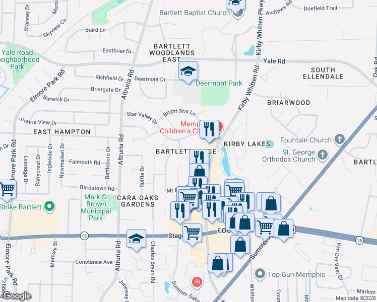 map of restaurants, bars, coffee shops, grocery stores, and more near 6620 Galileo Cove in Bartlett