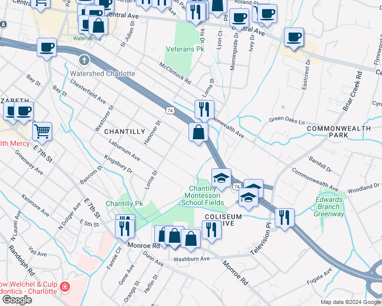 map of restaurants, bars, coffee shops, grocery stores, and more near 2637 Chesterfield Avenue in Charlotte