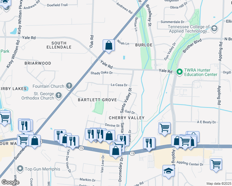map of restaurants, bars, coffee shops, grocery stores, and more near 7208 Grapevine Cove in Bartlett