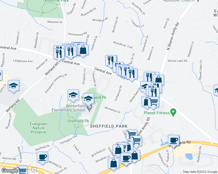 map of restaurants, bars, coffee shops, grocery stores, and more near 3825 Rosehaven Drive in Charlotte