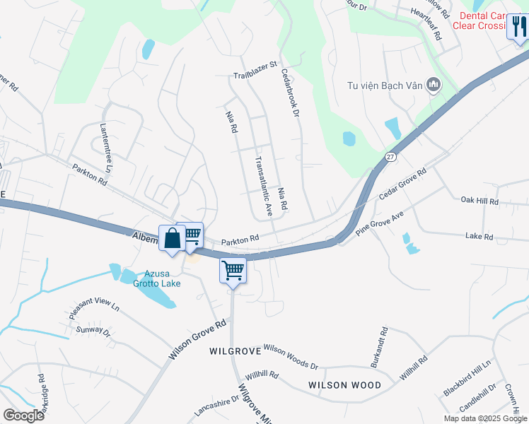 map of restaurants, bars, coffee shops, grocery stores, and more near 10525 Parkton Road in Charlotte