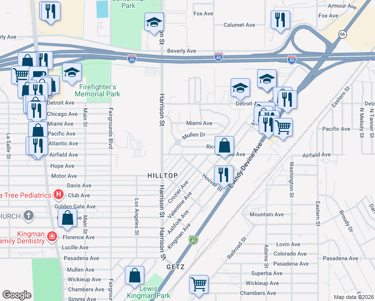 map of restaurants, bars, coffee shops, grocery stores, and more near 2415 Ricca Drive in Kingman