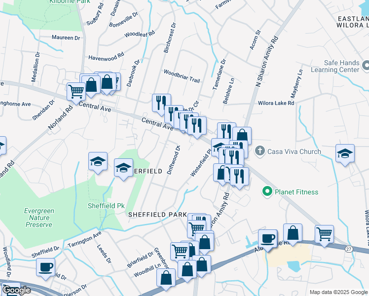 map of restaurants, bars, coffee shops, grocery stores, and more near 3501 Burner Drive in Charlotte