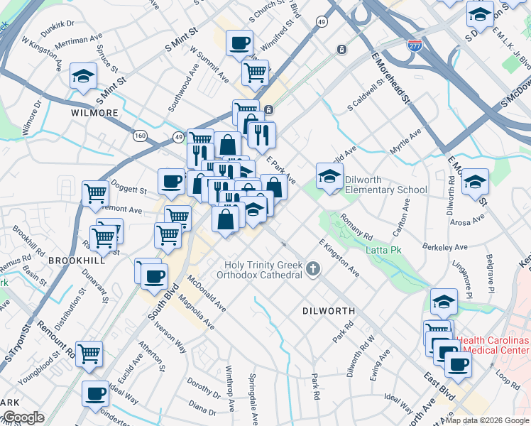 map of restaurants, bars, coffee shops, grocery stores, and more near 301 East Boulevard in Charlotte