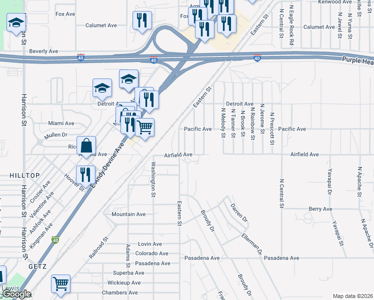 map of restaurants, bars, coffee shops, grocery stores, and more near 2740 North Cox Street in Kingman