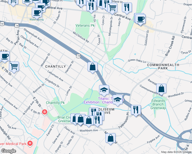 map of restaurants, bars, coffee shops, grocery stores, and more near in Charlotte