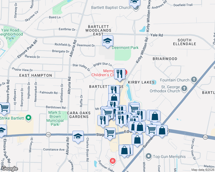 map of restaurants, bars, coffee shops, grocery stores, and more near 6620 Galileo Cove in Bartlett