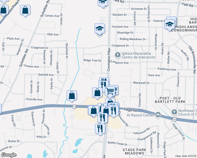 map of restaurants, bars, coffee shops, grocery stores, and more near 5005 Cobalt Cove in Memphis